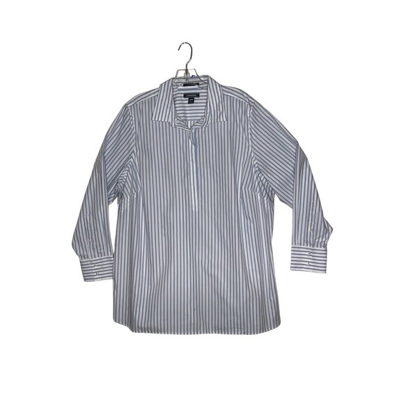 Lands End Women No Iron Supima Cotton Striped Shirt 20W Long Sleeve Blue  White - Picture 1 of 16